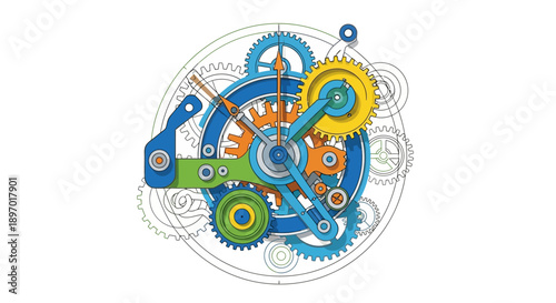 Colorful Clockwork Mechanism Diagram. Intricate Gears and Cogs Vector Illustration representing Complex System, Technology, and Engineering Process.