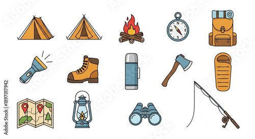 Camping and Outdoor Adventure Gear Collection Icons.