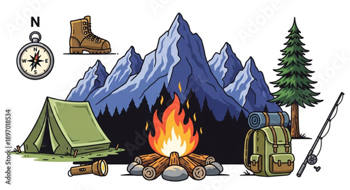 Camping and hiking adventure gear with campfire and mountains.