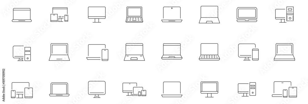 © Vlad - Computer icon set. Laptop, monitor, computing. Editable set of stroke  for technology and electronics interface. Computer and PC monitor, laptop screen, server with different processes. Vector