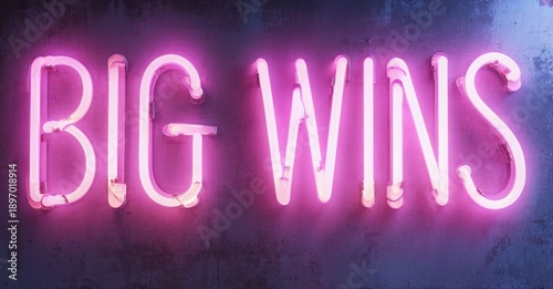 Bright pink neon sign displays BIG WINS against textured purple wall. Dramatic lighting creates vibrant, eyecatching effect.