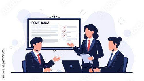 Business Meeting: Compliance Checklist on Screen, Team Collaboration