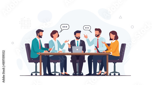 Business Meeting Discussion: Diverse Team Collaborating Around Table with Laptop