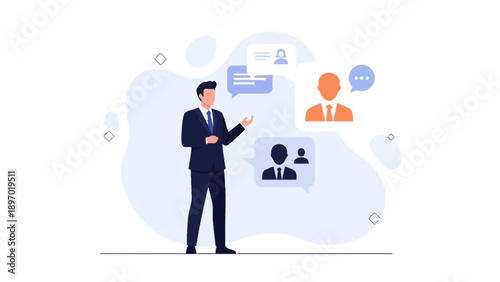 Business Meeting Illustration: Man Talking to Colleagues via Chat Bubbles