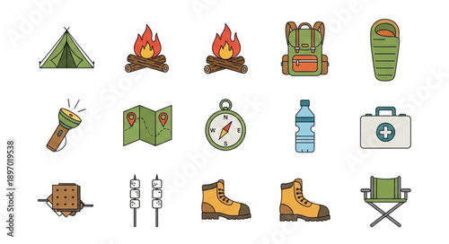 Camping and Hiking Gear Icons Set Vector Illustration.