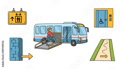 Accessibility in Transit: Depicting a scene of inclusivity and ease, this illustration showcases a bus equipped with a ramp, alongside accessible signage and infrastructure.
