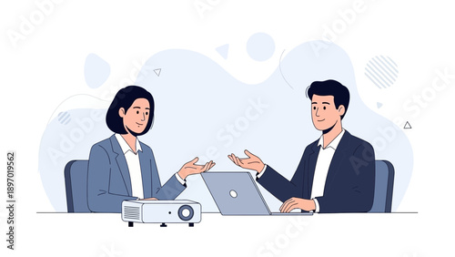 Business meeting illustration with two people discussing project on laptop