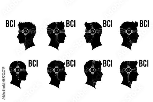 Brain Computer Interface BCI Neural Link Chip Vector Icon for Neurotechnology and Human Augmentation Science