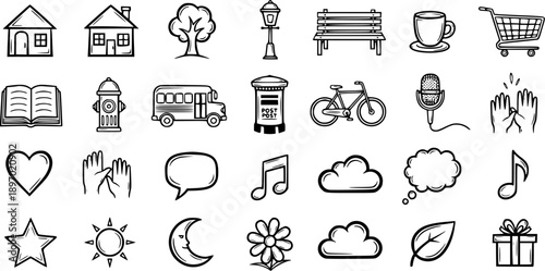 Versatile Collection of Hand-Drawn Black and White Line Art Icons for Everyday Objects, Lifestyle, Communication, and Nature