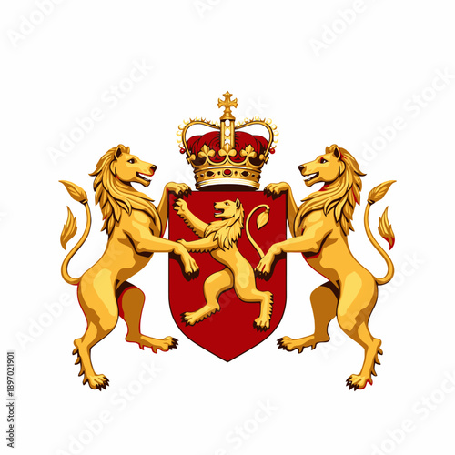 Majestic Coat of Arms Featuring Two Golden Lions Supporting a Crest with Crown and Regal Emblem on Red Shield Background Symbolizing Nobility and Strength