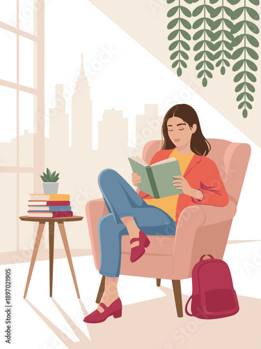 Young woman reading book in armchair at home apartment with city view enjoying leisure time relaxed student studying lifestyle illustration for blog article cozy modern interior design creative hobby