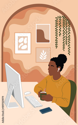 Stylish African American woman working on computer in modern home office taking coffee break remote work workspace illustration for online learning virtual meeting presentation creative digital lifest
