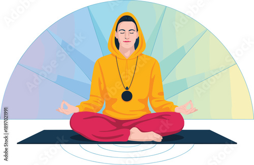 Meditating woman in yellow hoodie in lotus position for relaxation illustration on yoga mat mindful practice with closed eyes and calm expression for wellness lifestyle healthcare and stress relief gr