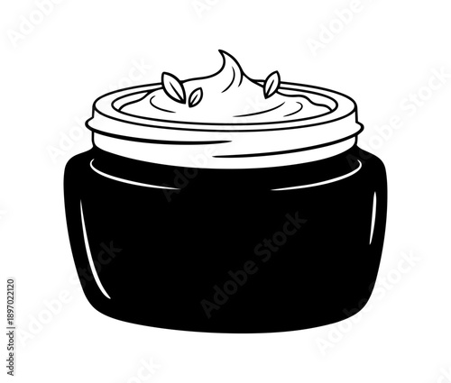 A black and white line drawing of a cosmetic jar filled with cream and plant sprigs