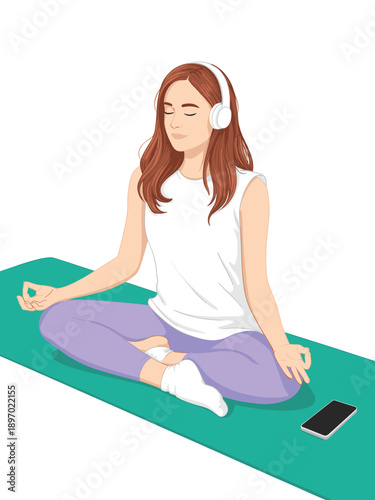 Relaxed woman meditating with headphones on yoga mat for wellness lifestyle vector illustration of mindful practice for stress relief and mental health in modern graphic design for meditation apps and