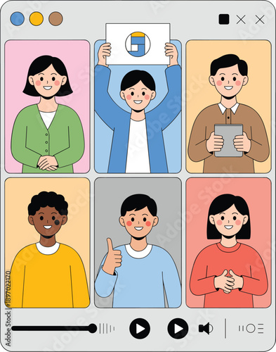 Diverse group of cartoon people in online video conference call meeting on computer screen for remote work team communication collaboration presentation virtual chat for global business technology and