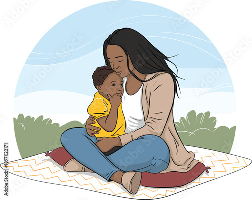 Loving African American mother embracing her child sitting on picnic blanket outdoors motherhood illustration family bonding moment in nature park for parenting blogs pediatric healthcare advertisemen