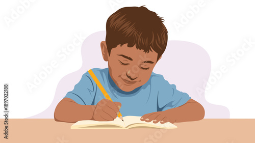Focused young student writing in notebook with yellow pencil at desk studying hard diligent learner for educational content children's book illustration school project homeschooling learning concept v
