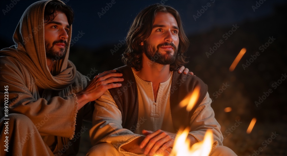 Obraz premium Two figures in traditional attire are seated near a crackling fire, sharing a moment of connection and reflection. One has his hand on the other's shoulder, creating a scene of solace and support.