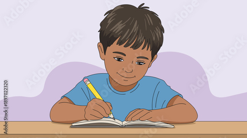 Focused young student writing in notebook with pencil illustration for education concept learning development home study creative writing assignment and academic success in modern classroom setting fo