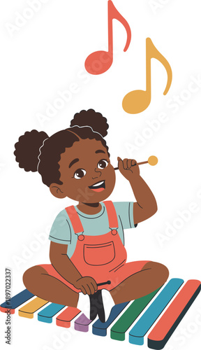 Cute African American girl playing xylophone musical instrument illustration joyful child with music notes preschooler learning melody education childhood development vibrant vector art for kids activ