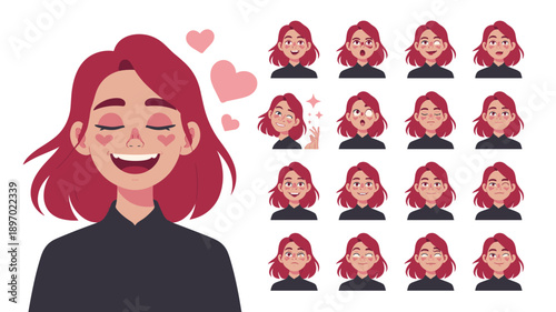 Cartoon woman character face emotions set expressing diverse feelings and moods cheerful happy sad angry surprised expressions for animation design avatar profile picture or social media communication