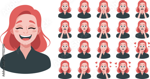 Cartoon woman character expressions set vector illustration depicting various emotions and reactions in a modern flat design style for animation, ui design, social media marketing and emotional intell