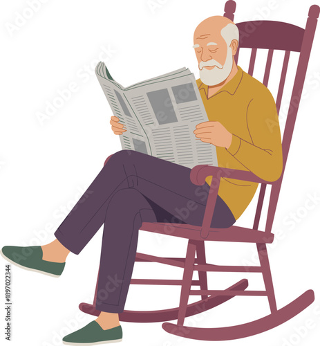 Senior man reading newspaper in rocking chair at home mature adult relaxing with daily news and information vector illustration for lifestyle articles retirement living and leisure activities in quiet