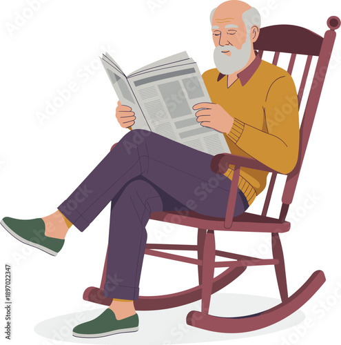 Senior man reading newspaper in rocking chair at home vector illustration aged gentleman sitting relaxing with news publication in retirement lifestyle concept for healthcare advertising marketing gra