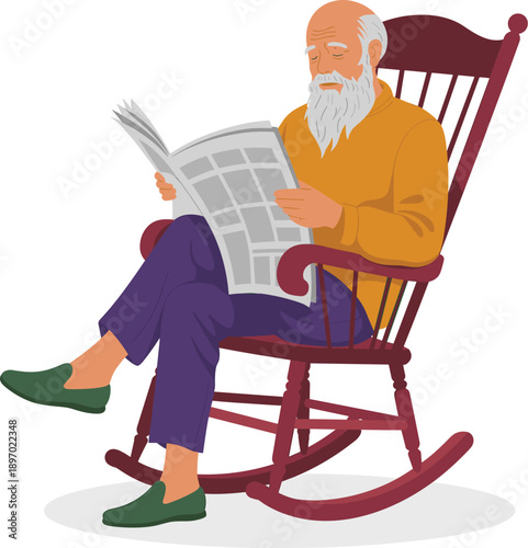 Senior man reading newspaper in rocking chair illustration elderly gentleman enjoying retirement lifestyle at home relaxing with news updates for healthcare advertising family blog article peaceful le