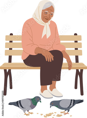 Kind elderly woman in headscarf sitting on park bench feeding pigeons happy senior lady enjoying retirement outdoors caring for birds in urban environment vector illustration for community engagement
