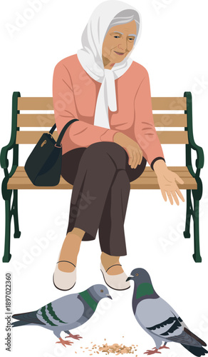 Senior woman feeding pigeons in urban park illustration elderly lady sitting on bench with birds in city public space happy retirement lifestyle concept for travel blog article social media promotion