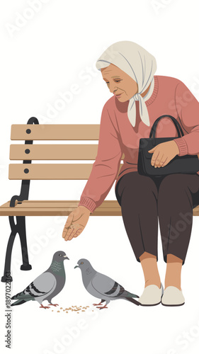 Kind elderly woman feeding pigeons in city park scene of compassion and connection senior lifestyle illustration of urban wildlife interaction mature adult enjoying nature and animal care in retiremen