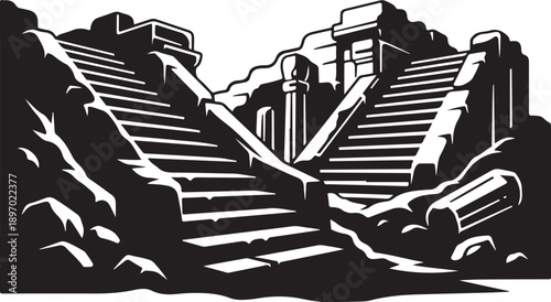 Ancient Staircase Ruins in Black and White Illustration Style