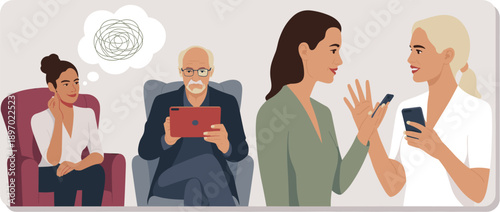 Diverse group of people in therapy session discussing mental health issues and technology use with senior therapist holding tablet in comfortable office setting for mental wellness healthcare and corp