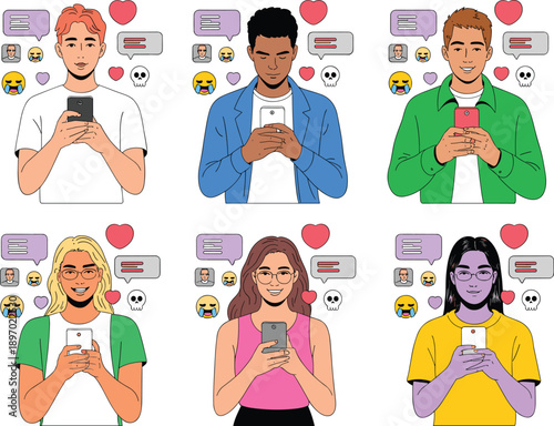 Diverse young adults using smartphone for social media communication online dating app with emojis heart and speech bubbles concept of modern lifestyle interaction in digital world for marketing adver