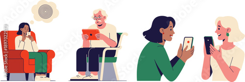 Diverse people using mobile devices and tablets for communication and connection modern lifestyle illustration depicting technology use for remote work social media engagement and online communication