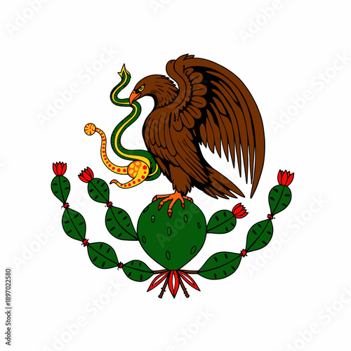 Majestic Eagle Perched on Cactus Devouring Serpent Surrounded by Vibrant Red-Tipped Green Leaves Symbolizing Cultural Heritage and Nature's Balance