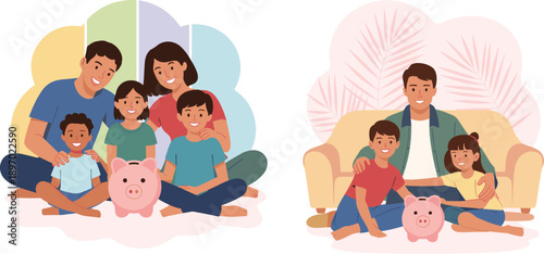 Happy family saving money with piggy bank illustration parents and children financial planning home investment future planning education savings fund for kids young family budget planning wealth manag