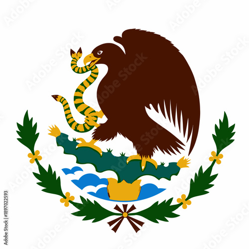 Majestic Eagle Perched on Cactus Devouring a Serpent in Vibrant Traditional National Emblem with Rich Symbolic Elements and Colorful Ornamental Details
