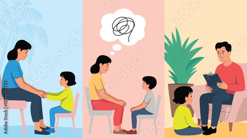 Child psychologist with boy patient showing emotional support and mental health care in counseling session for student with learning disabilities and depression psychological therapy for children well