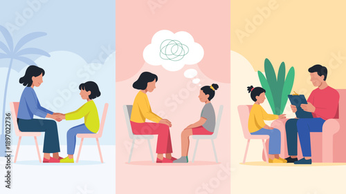 Child psychologist counseling young girl patient in therapy session office illustration for mental health support child development emotional wellness and behavioral guidance in healthcare and educati