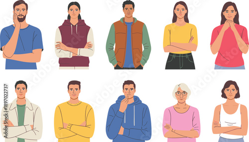 Diverse group of people standing confidently with arms crossed in modern graphic illustration style for corporate team website and social media marketing advertising campaign featuring multiracial men