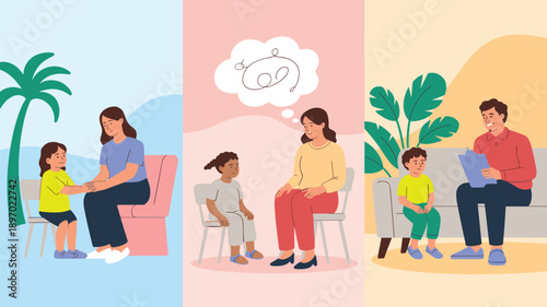 Child psychology consultation illustration featuring diverse kids with therapists in counseling sessions offering support guidance for childhood mental health and emotional wellness in a modern clinic