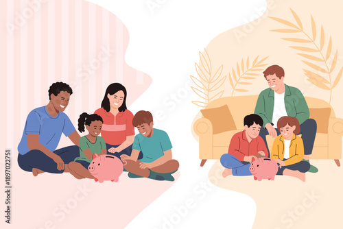 Diverse family saving money with piggy bank financial planning for future education happy parents teaching kids financial literacy and responsibility family budget investment illustration for banking