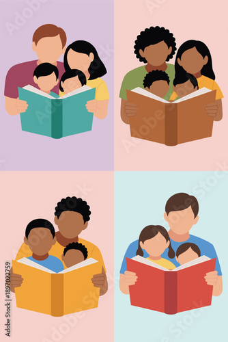 Diverse families reading colorful books together illustration for inclusive education promoting literacy and family values for children's literature and parenting resources fostering learning and deve
