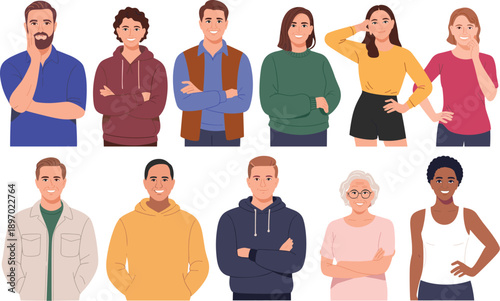 Diverse group of happy people standing together with arms crossed in casual clothing vector illustration for community outreach programs human resources diversity inclusion and teamwork concept in mod