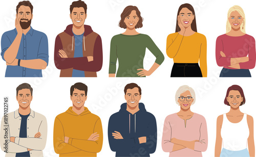 Diverse group of smiling people with arms crossed standing confidently in front of white background vector illustration for business team website profile corporate presentation marketing material adve