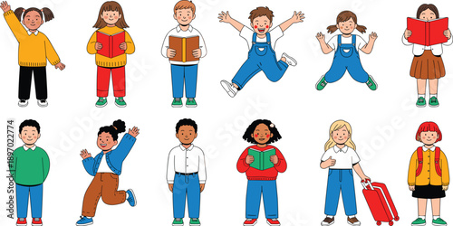 Diverse group of cheerful children reading books jumping and traveling in cartoon vector illustration representing education childhood learning development and happy students for school materials webs