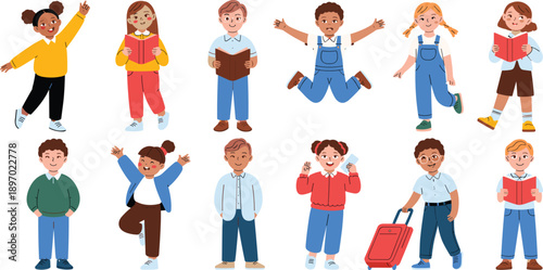 Diverse group of cheerful kids in playful poses reading books and preparing for travel excited multicultural children characters illustration for elementary education school project promoting fun lear